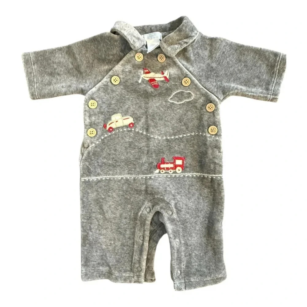 Janie and Jack Gray Velour Transportation One Piece Jumper Size Preemie